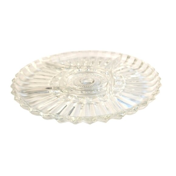 Clear Glass Divided Serving Platter With Scalloped Edges & Center Dip Bowl 12 I - Picture 1 of 10